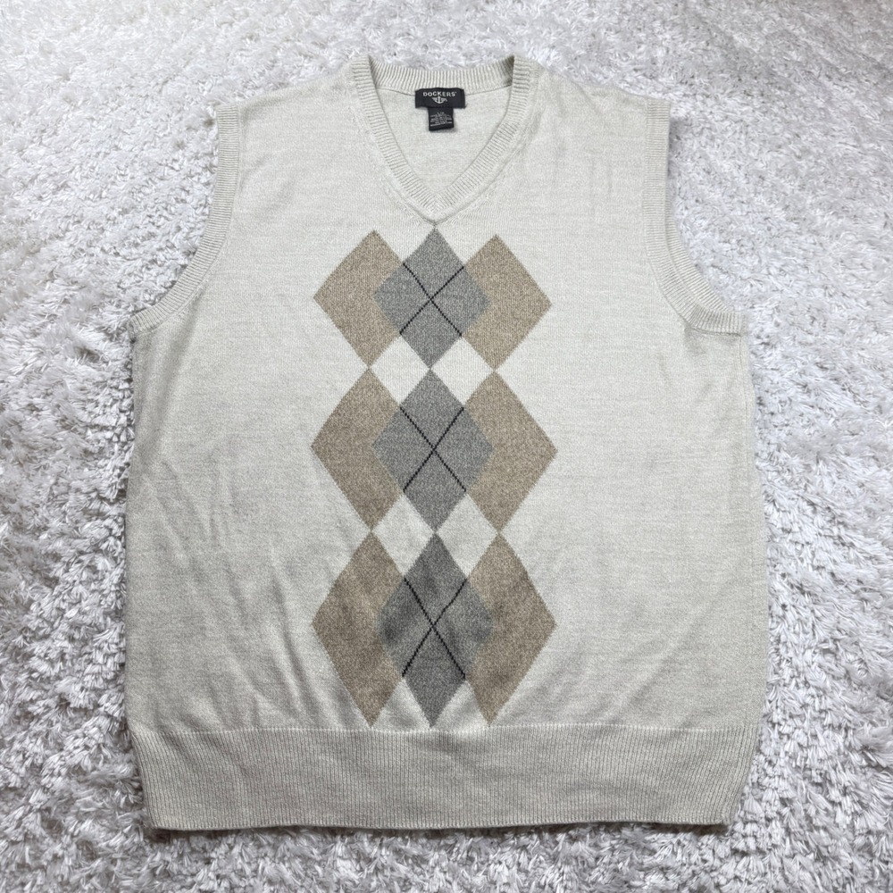 Dockers Men's Argyle Sweater Vest Large V-Neck Beige Preppy Dadcore Normcore